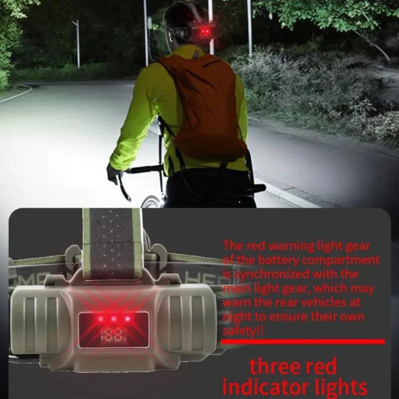 Ultra Bright LED Zoomable Headlight Rechargeable High Lumens Waterproof HeadLamp with Red Warning Light for Hiking Cycling Fishing