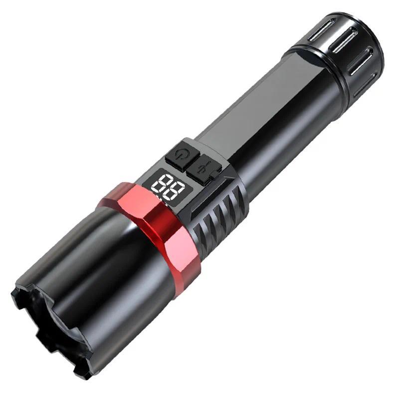 Ultra Bright LED Zoomable Flashlight  Multifunction USB Charge Torch with Power Display for Outdoor Camping Hiking Fishing
