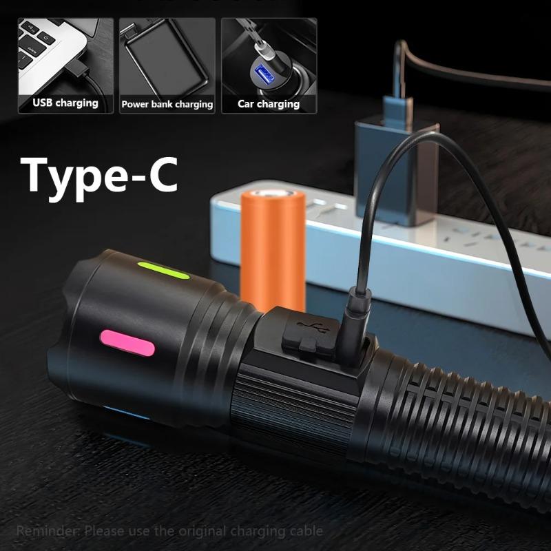 Ultra Bright LED Zoomable Flashlight 5 Lighting Modes Rechargeable Torch with COB Side Light for Hiking Fishing Maintenance