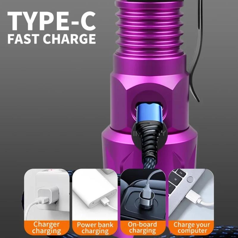 UV Zoomable Aluminum Alloy Flashlight 3 Lighting Modes Camping Ultraviolet Torch with Cap Clip for Pet Stacks Fluorescent Detection