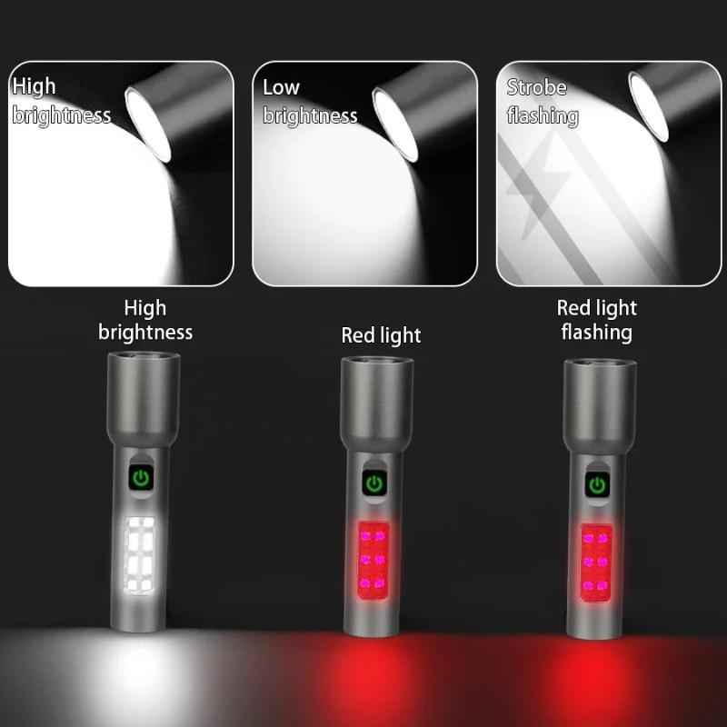 High Powerful Mini LED Zoomable Flashlight 6 Modes Rechargeable Torch with Red&White COB Lights for Camping Hiking Repairs