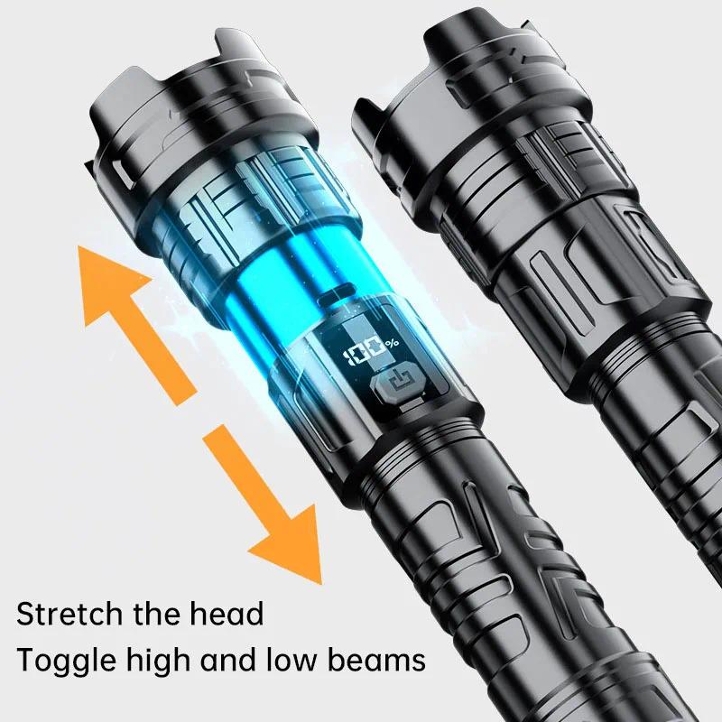 Super Bright LED Rechargeable Flashlight 3 Lighting Modes Zoomable Portable Torch with Power Display for Emergency Camping Hiking