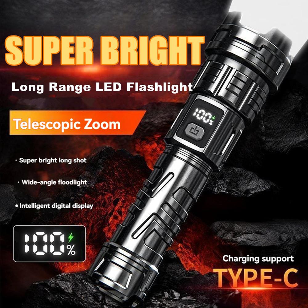 Super Bright Powerful LED Flashlight USB charging zoomable Torch with power display for outdoor camping hiking fishing picnic