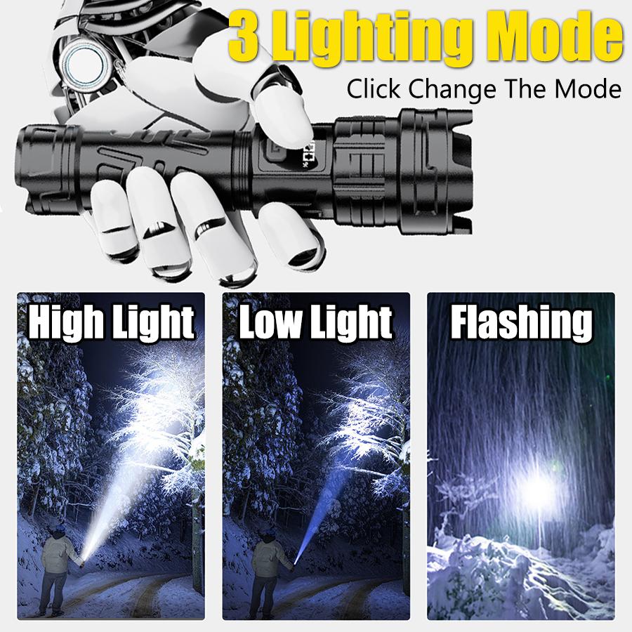 Super Bright LED Rechargeable Flashlight 3 Lighting Modes Zoomable Portable Torch with Power Display for Emergency Camping Hiking