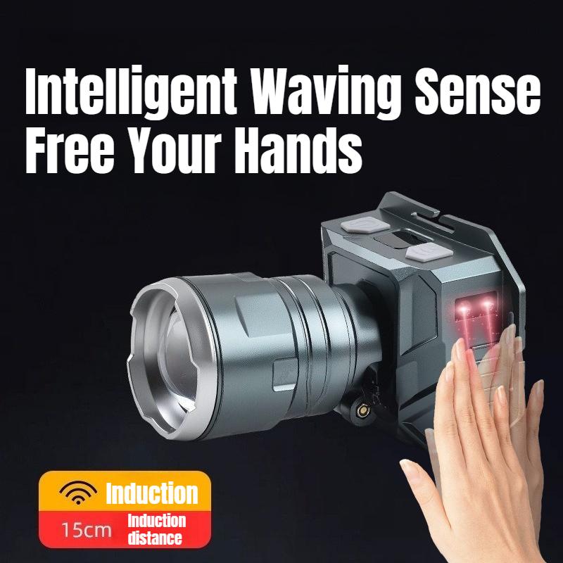 Super Bright LED Rechargeable Headlight 4 Light Sources Zoomable Induction Headlamp with Power Display for Fishing Camping Hiking Cycling