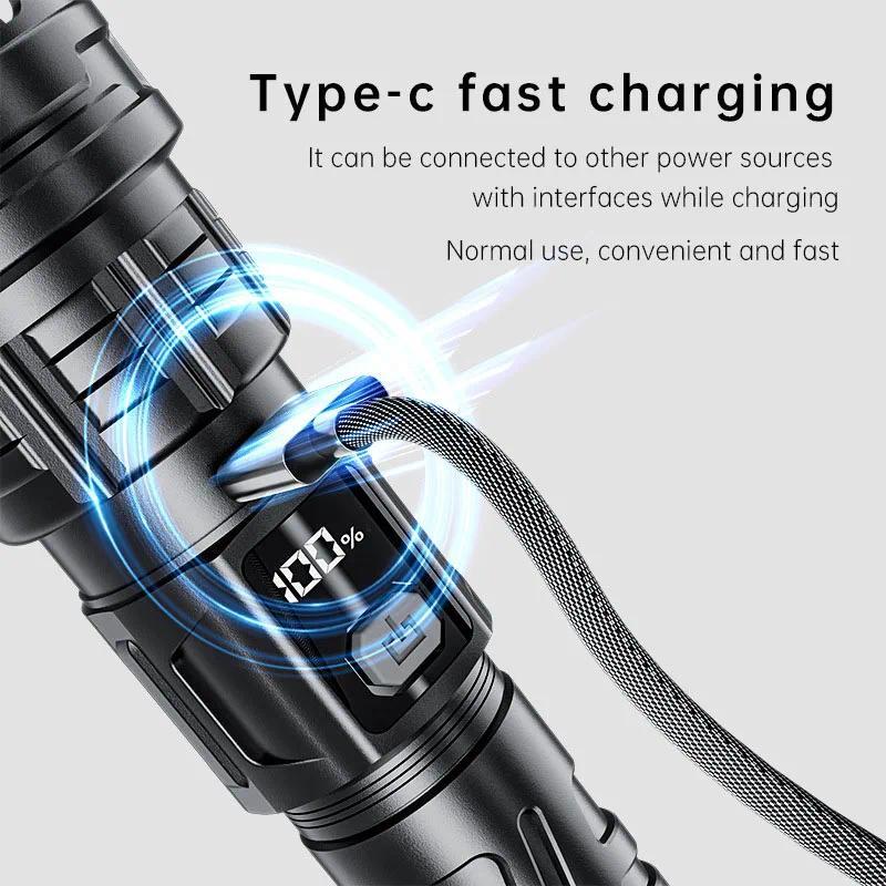 Super Bright LED Rechargeable Flashlight 3 Lighting Modes Zoomable Portable Torch with Power Display for Emergency Camping Hiking