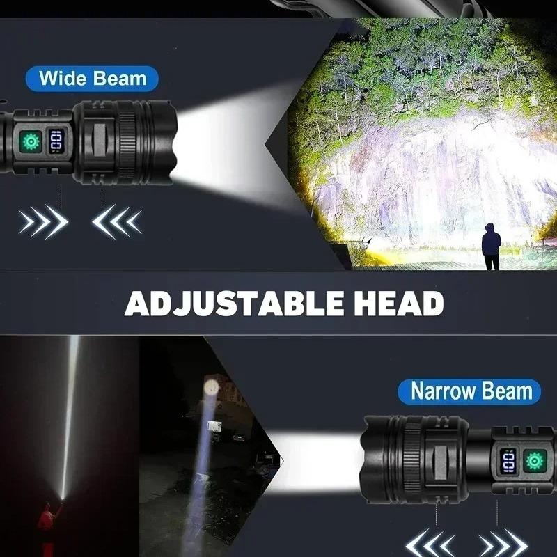 Super Bright LED Zoomable Flashlight 5 Lighting Modes Aluminum Alloy Torch with Power Display for Hiking Fishing Emergency