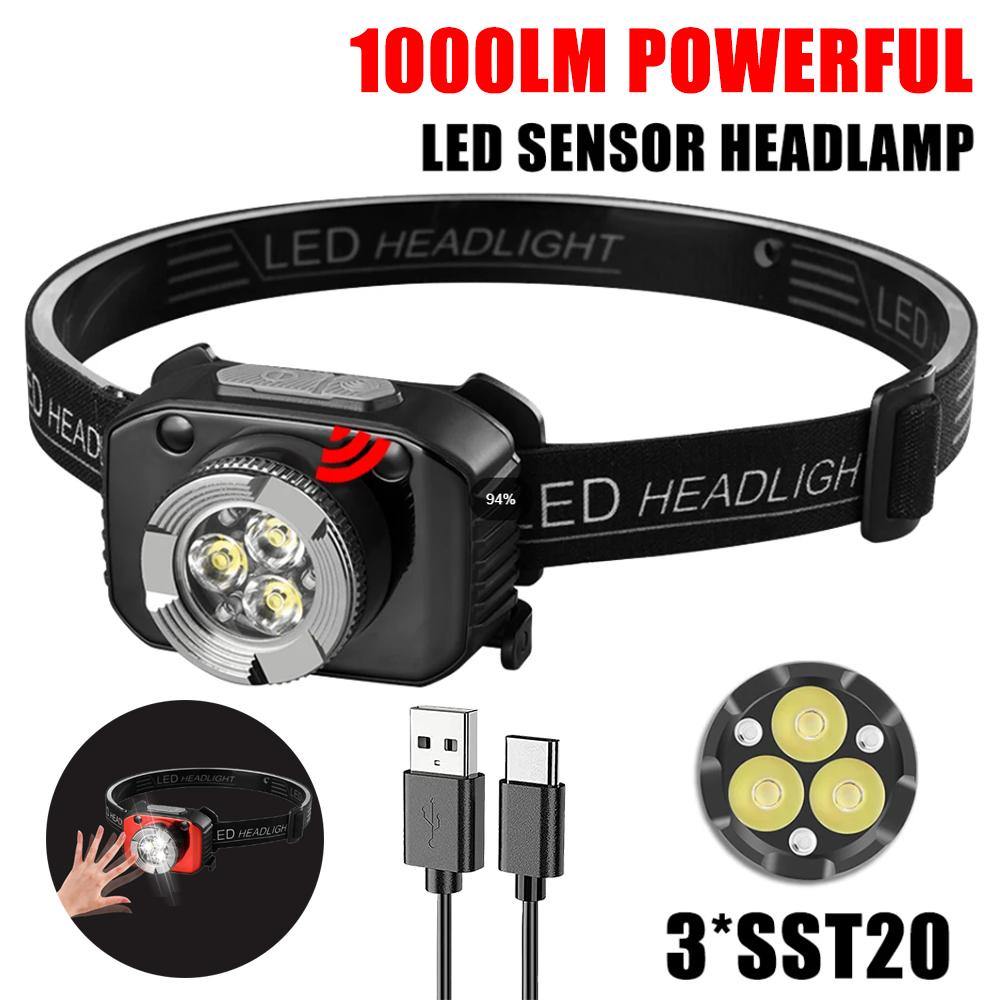 Super Bright 3LED Motion Sensor Headlamp USB Rechargeable Headlight for Outdoor Camping Hiking Fishing Cycling Climbing