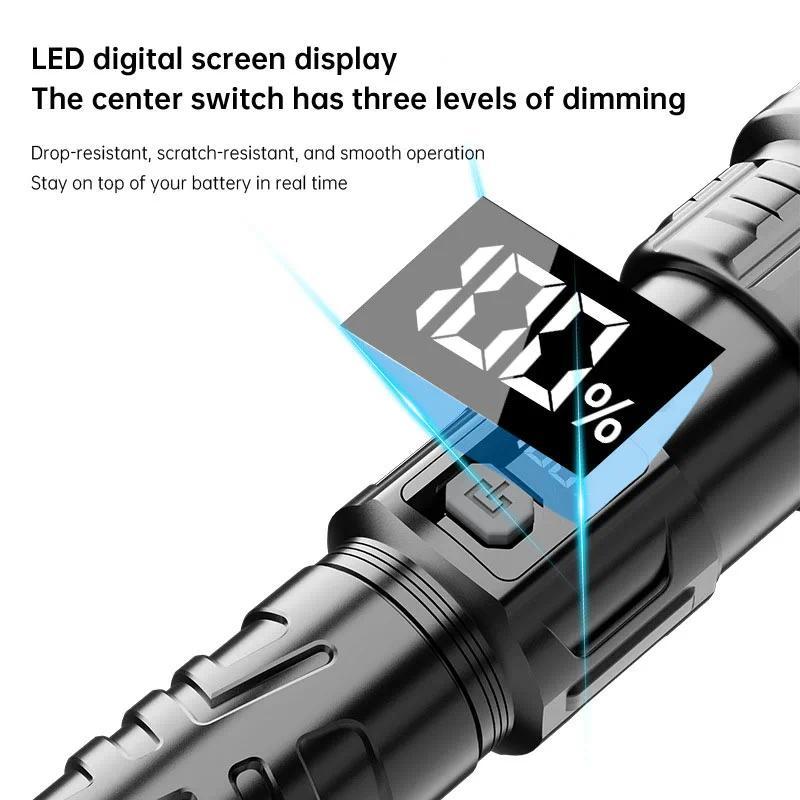 Super Bright LED Rechargeable Flashlight 3 Lighting Modes Zoomable Portable Torch with Power Display for Emergency Camping Hiking