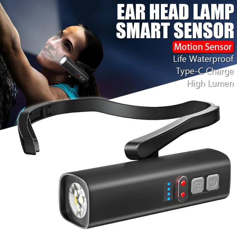 Super Bright LED Ear Clip Headlight 7 Lighting Modes Rechargeable Waterproof Ear Clip Headlamp with Red/Blue COB Side Light for Outdoor Fishing Hiking Running Cycling