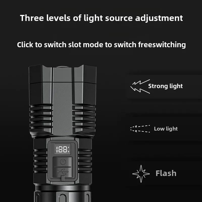 USB Charging Super Bright LED Flashlight 3 Mode Zoom torch with Digital Power Display for outdoor camping fishing hiking cycling