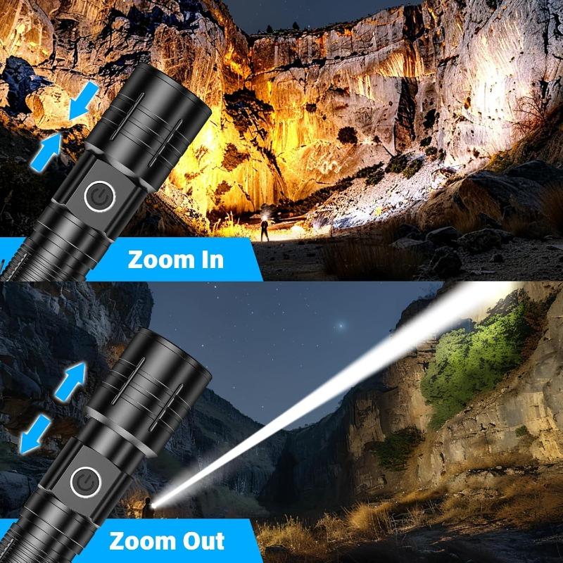 Super Bright LED Zoomable Flashlight 4 Lighting Modes Waterproof Torch with Power Display Portable Lighting for Camping Hiking Exploration