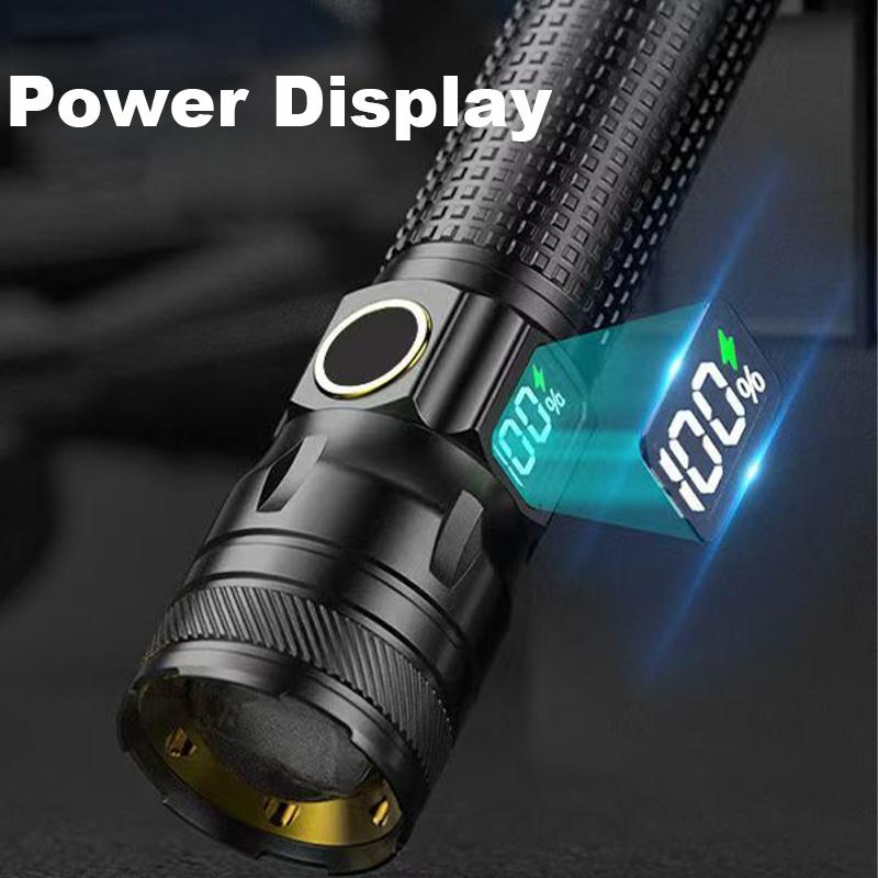 Ultra Bright LED Zoomable Flashlight 3 Lighting Modes TYPE-C Charging Torch with Power Display for Camping Hiking Fishing Emergency Lighting