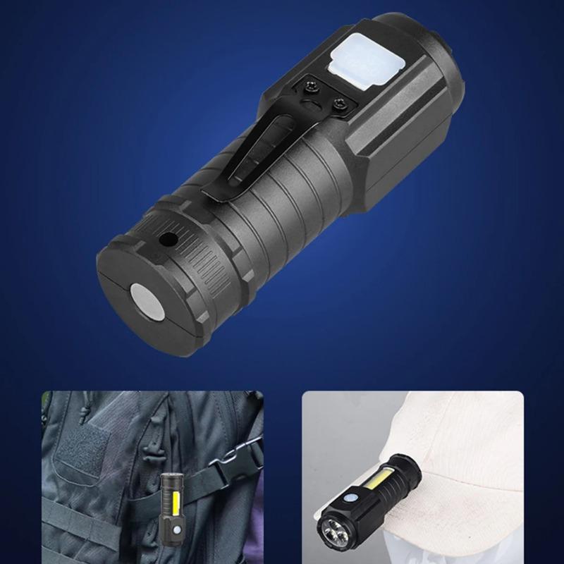 Super Bright 3LED Flashlight with Cap clips USB Recharge Mini Torch with COB Side Light Car Repair Working Lights for Outdoor Camping Hiking Fishing Cycling