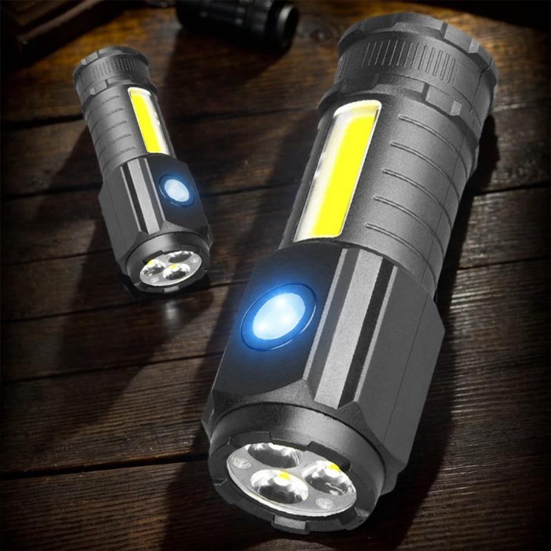 Super Bright 3LED Flashlight with Cap clips USB Recharge Mini Torch with COB Side Light Car Repair Working Lights for Outdoor Camping Hiking Fishing Cycling