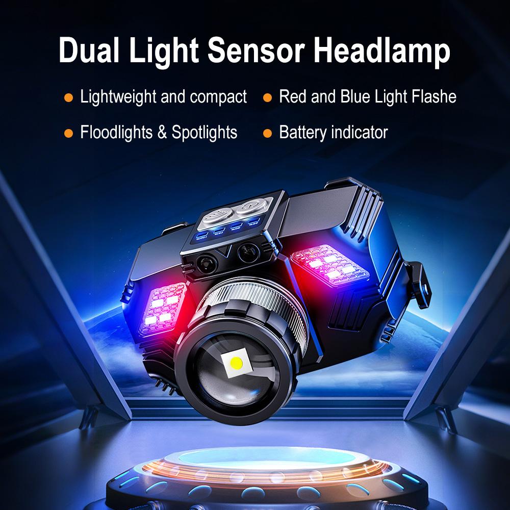 Super Bright Zoomable LED Headlamp with Motion Sensor Waterproof Rechargeable Headlight with Power Indicator for Camping Fishing