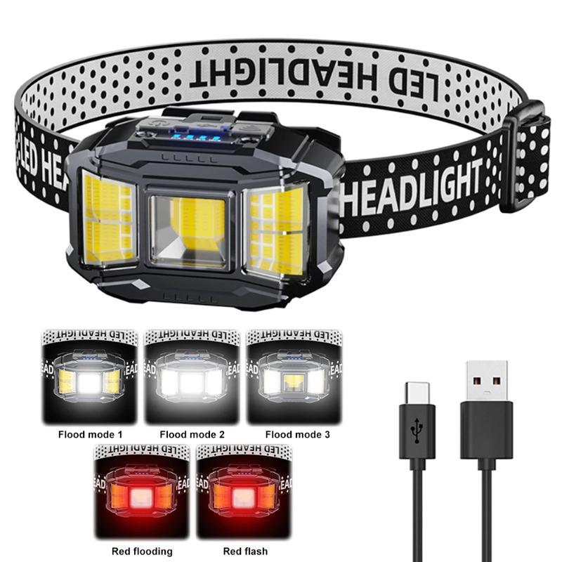 Ultra Bright Cob Red/White Flood Headlight with 90° Adjustable Multifunction 5 Lighting Modes Rechargeable Headlamp with Hand Wave Sensing for Outdoor Camping Fishing Hiking Cycling