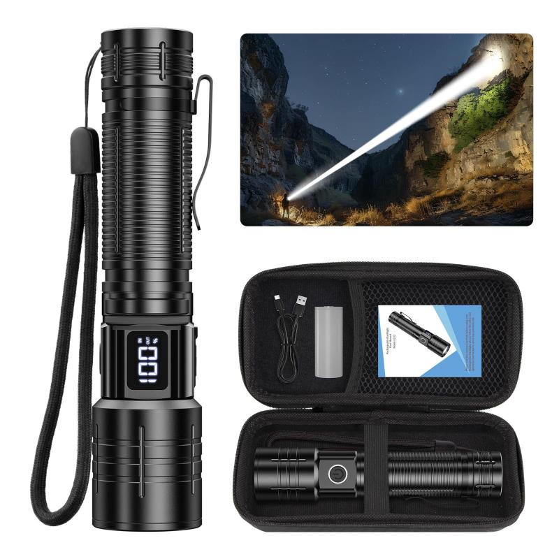Super Bright LED Zoomable Flashlight 4 Lighting Modes Waterproof Torch with Power Display Portable Lighting for Camping Hiking Exploration