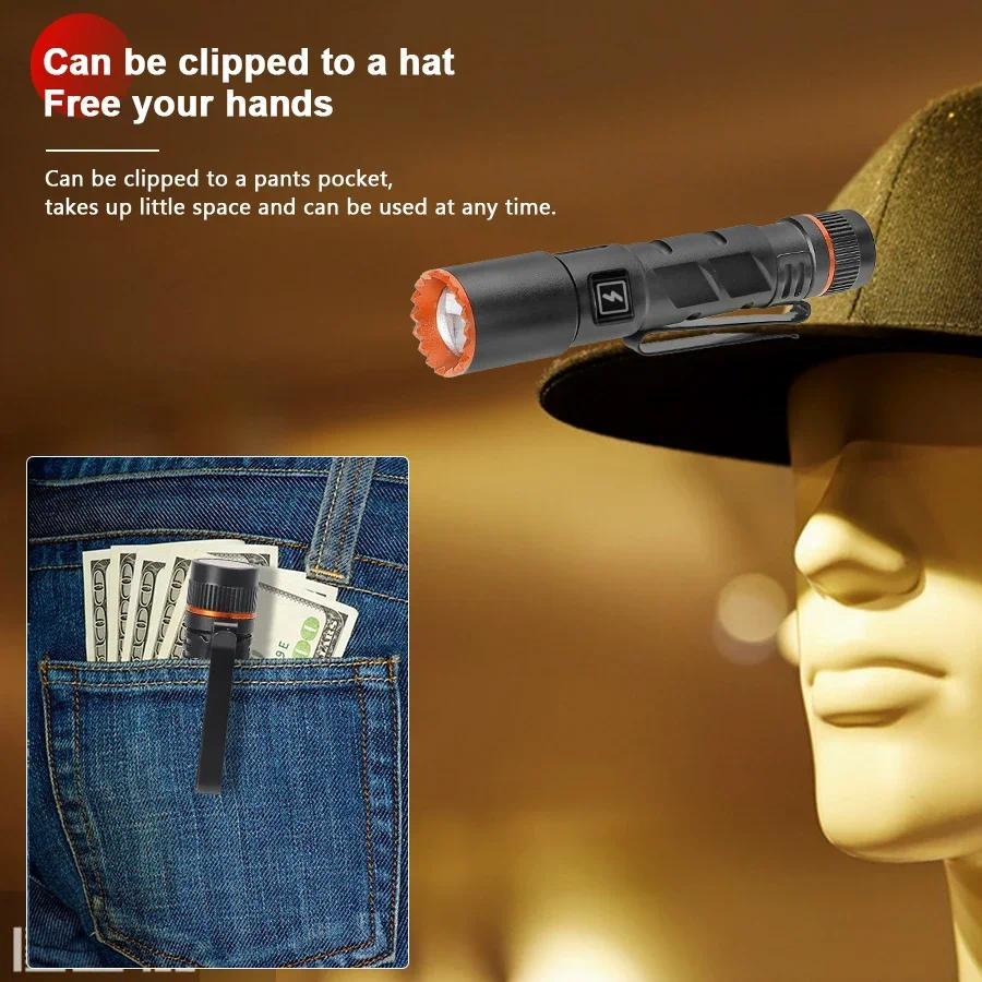 Ultra Bright LED Alloy Flashlight USB charing Waterproof Zoom Torch with Cap Clip for outdoor camping hiking fishing night cycling