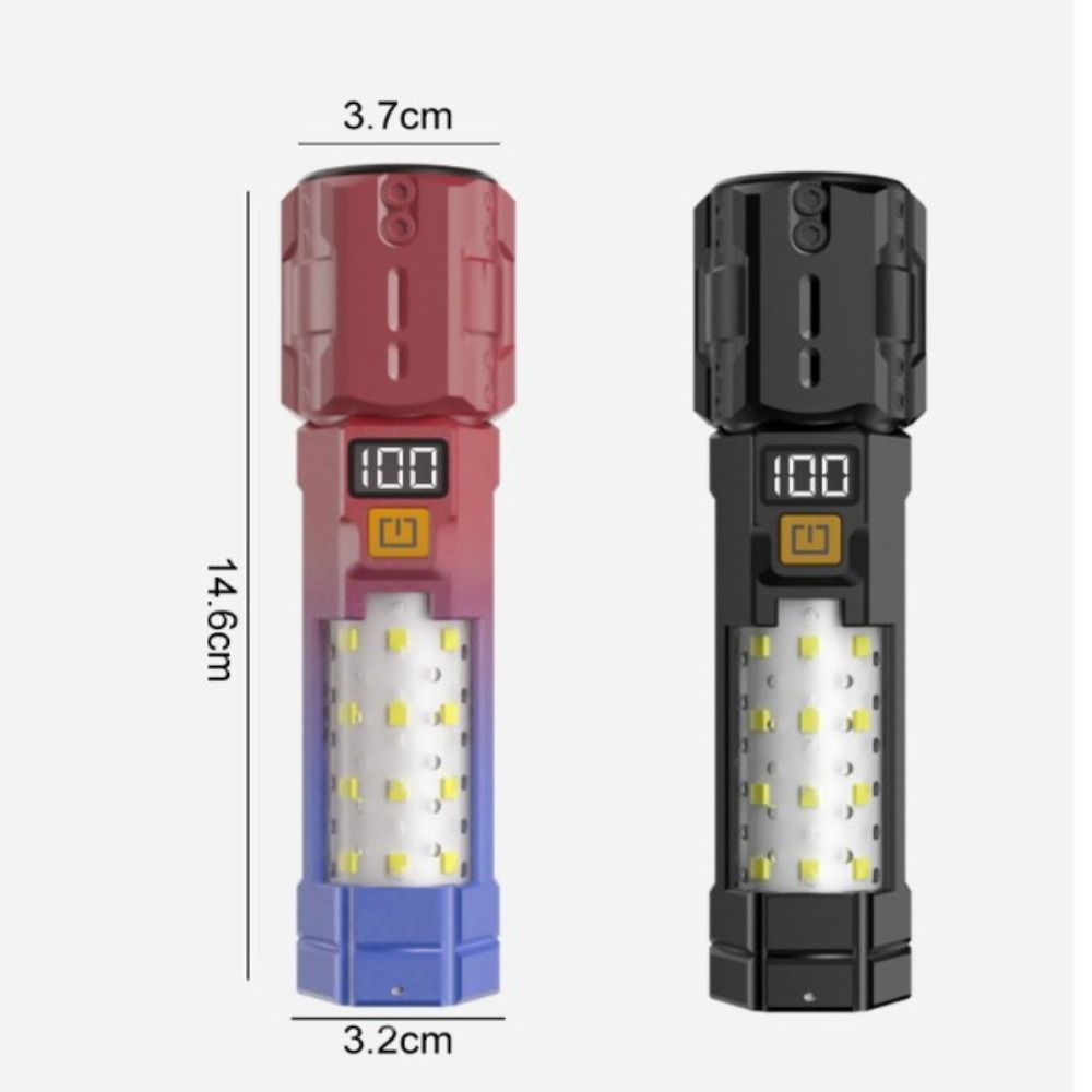 Super Bright LED Flashlight with COB Side Light Digital Display Zoomable Torch with Hook for Outdoor Camping Hiking Fishing Climbing