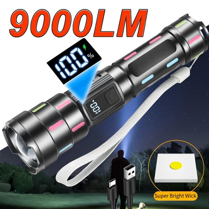Ultra Powerful LED Zoomable Flashlight 5 Lighting Modes Rechargeable Waterproof Torch with Power Display for Camping Fishing Emergency