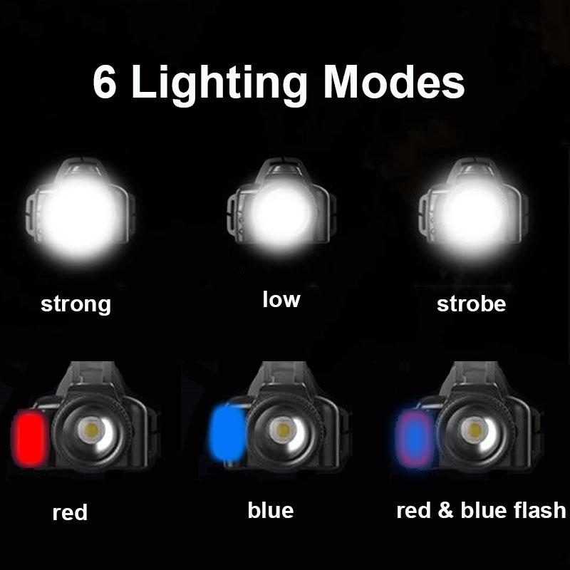 Ultra Bright LED Rotary Zoom Headlight 6 Lighting Modes Induction Waterproof Headlamp with red&blue COB light for Hiking Fishing Repair