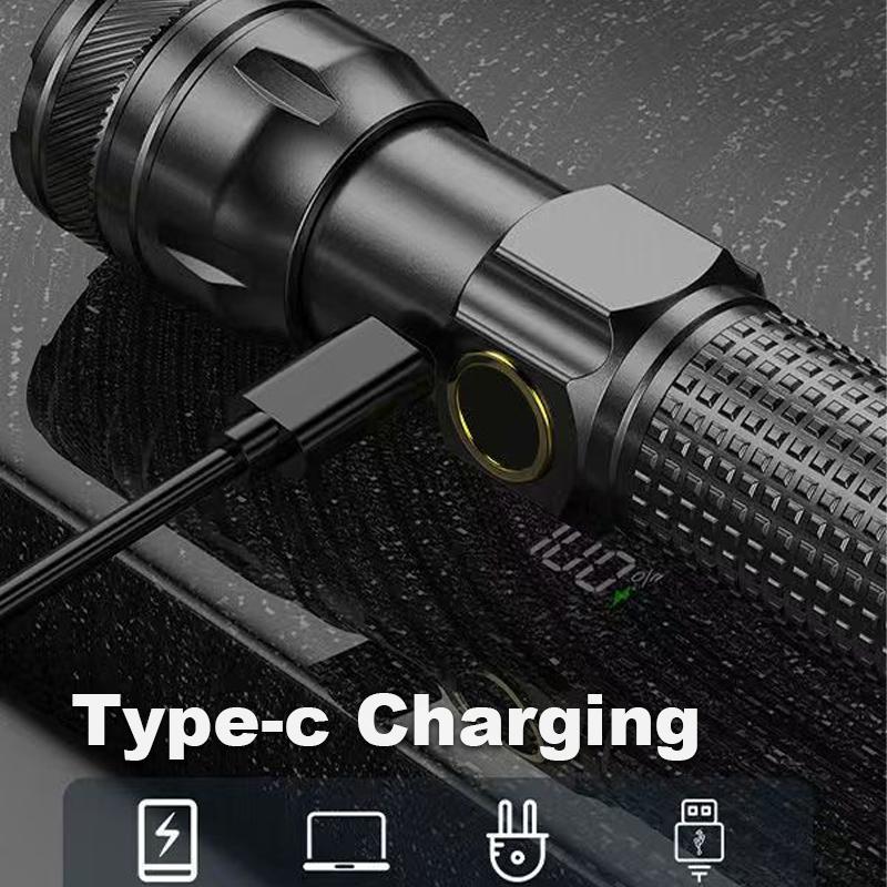 Ultra Bright LED Zoomable Flashlight 3 Lighting Modes TYPE-C Charging Torch with Power Display for Camping Hiking Fishing Emergency Lighting