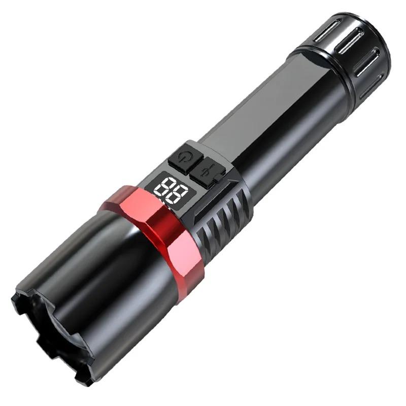 Ultra Bright LED Zoomable Flashlight  Multifunction USB Charge Torch with Power Display for Outdoor Camping Hiking Fishing