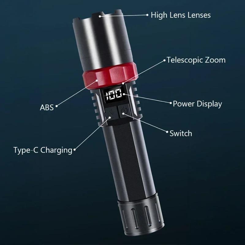 Ultra Bright LED Zoomable Flashlight  Multifunction USB Charge Torch with Power Display for Outdoor Camping Hiking Fishing