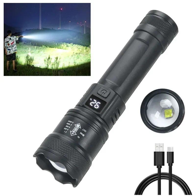 Super Bright LED Rechargeable Flashlight 3 Lighting Modes Zoomable Portable Torch with Power Display for Emergency Camping Hiking