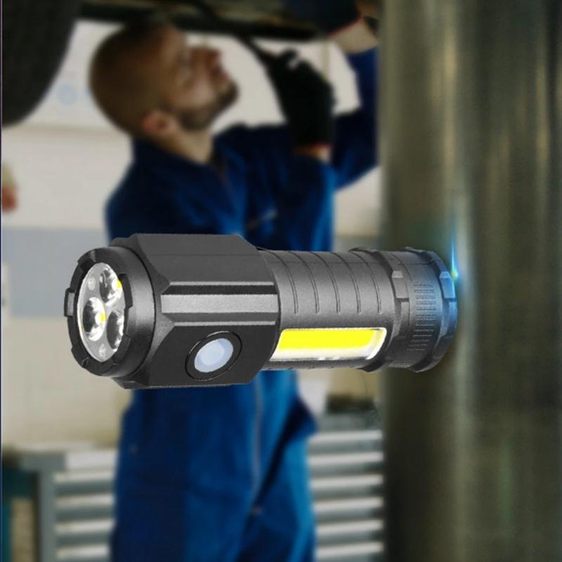 Super Bright 3LED Flashlight with Cap clips USB Recharge Mini Torch with COB Side Light Car Repair Working Lights for Outdoor Camping Hiking Fishing Cycling