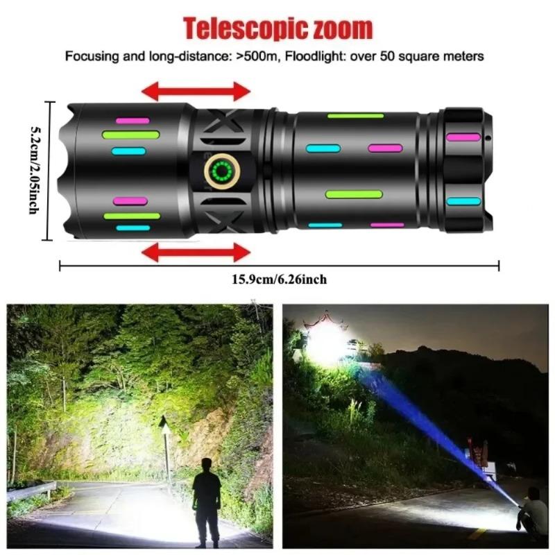 Super Bright LED Zoomable Flashlight 5 Lighting Modes Rechargeable Torch with Fluorescent for Camping Hiking Fishing