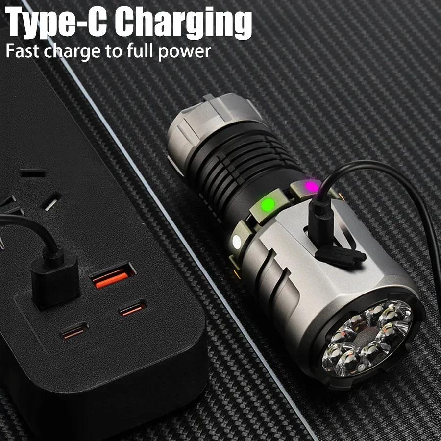 Super Bright Led Rechargeable Alloy Flashlight Multifunction 8 Lighting Modes Zoomable Torch with Red Warning for Outdoor Hiking Fishing Dog Walk