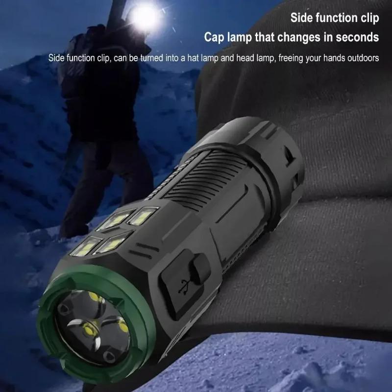 Super Bright LED Flashlight with Cap Clip 4 Modes Lighting USB Recharge Edc Torch with COB Side Light for Outdoor Camping Hiking Fishing Cycling Car Repair