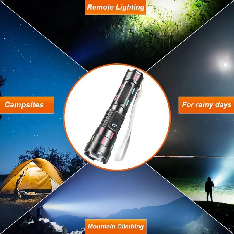 Ultra Powerful LED Zoomable Flashlight 5 Lighting Modes Rechargeable Waterproof Torch with Power Display for Camping Fishing Emergency