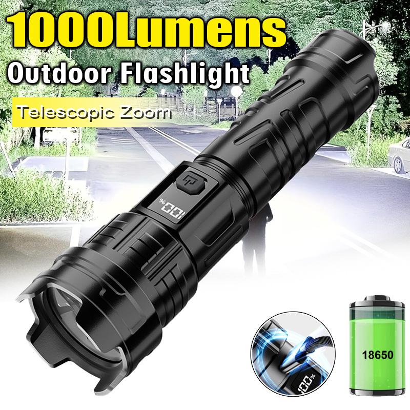 Super Bright LED Rechargeable Flashlight 3 Lighting Modes Zoomable Portable Torch with Power Display for Emergency Camping Hiking
