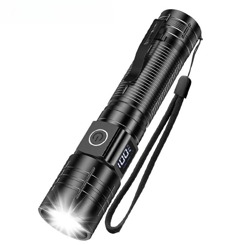Super Bright LED Zoomable Flashlight 4 Lighting Modes Waterproof Torch with Power Display Portable Lighting for Camping Hiking Exploration