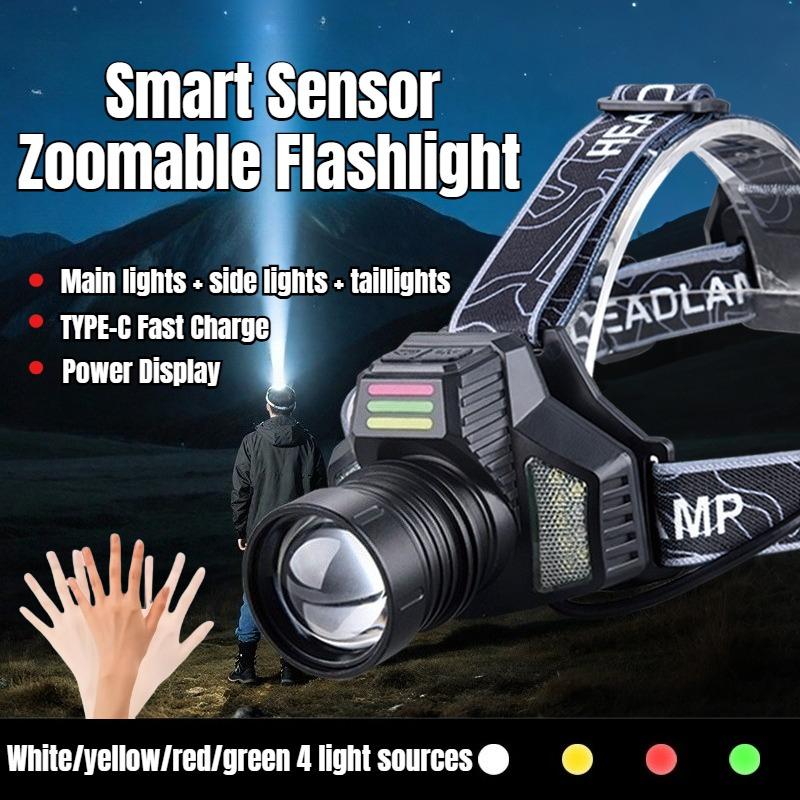 Ultra Bright LED Zoomable Headlight 4 Light Source Induction Headlamp with Red&white COB Side Light for Camping Fishing Hiking Cycling