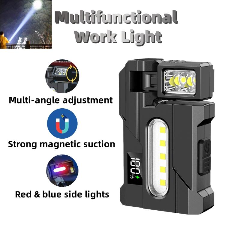 Ultra Bright Multi-functional EDC Work Light with Clip Rechargeable Waterproof Flashlight with Red/Blue COB Side Light for Repair Fishing Emergency