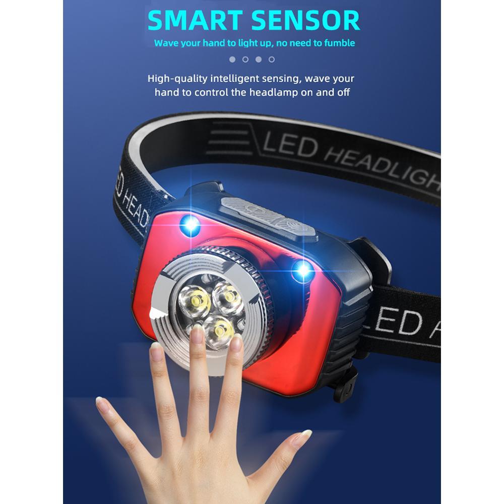 Super Bright 3LED Motion Sensor Headlamp USB Rechargeable Headlight for Outdoor Camping Hiking Fishing Cycling Climbing