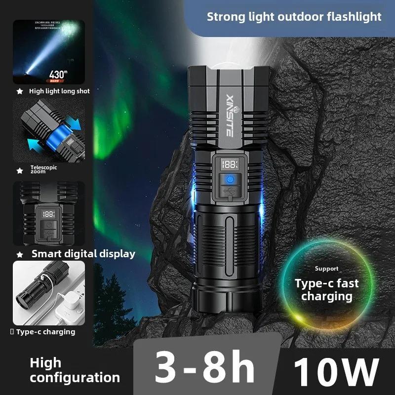 USB Charging Super Bright LED Flashlight 3 Mode Zoom torch with Digital Power Display for outdoor camping fishing hiking cycling