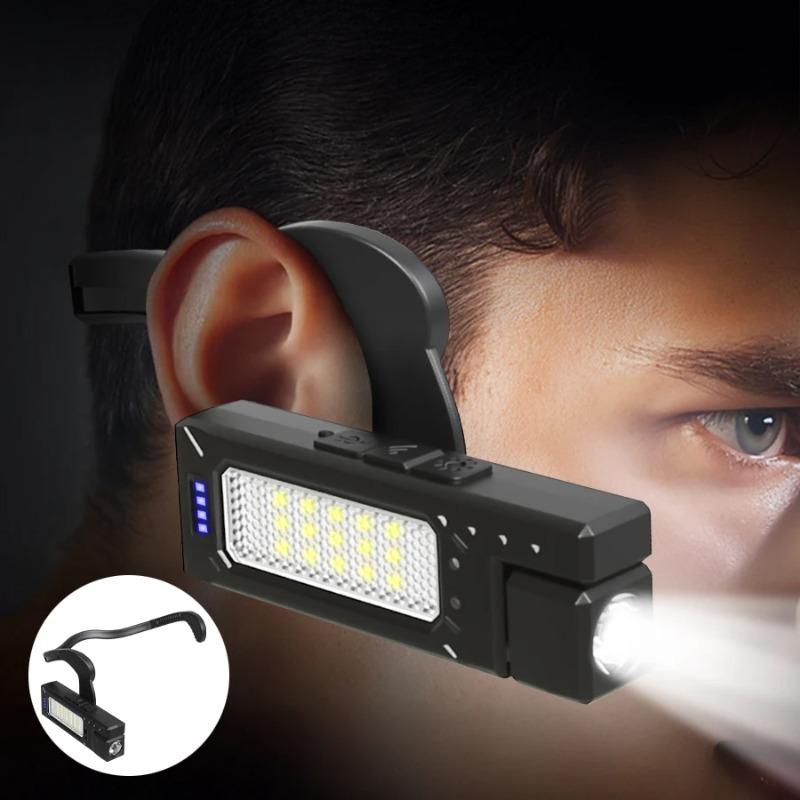 Super Bright LED Ear Clip Headlight 7 Lighting Modes Rechargeable Waterproof Ear Clip Headlamp with Red/Blue COB Side Light for Outdoor Fishing Hiking Running Cycling