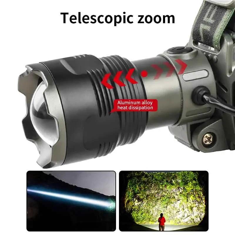 Ultra Bright LED Zoomable Headlight Rechargeable High Lumens Waterproof HeadLamp with Red Warning Light for Hiking Cycling Fishing