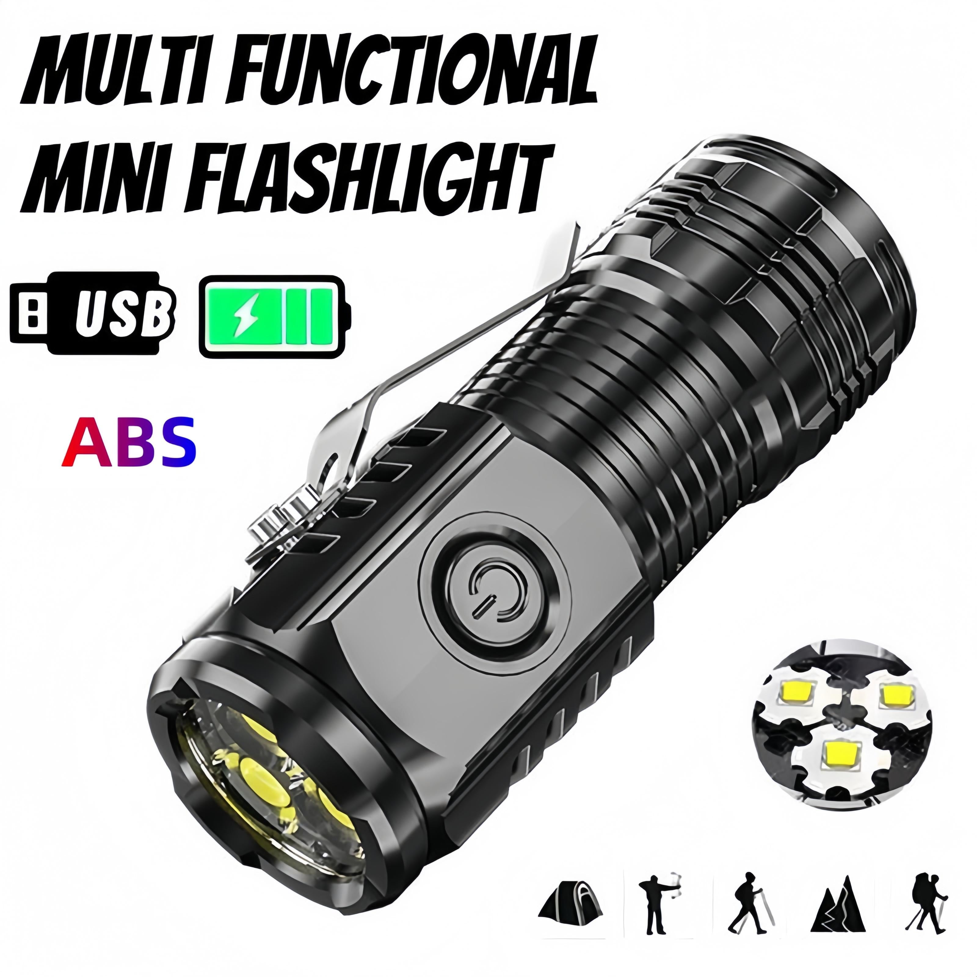 Super Bright 3LED Flashlight with Cap clips USB Recharge Mini Torch with COB Side Light Car Repair Working Lights for Outdoor Camping Hiking Fishing Cycling