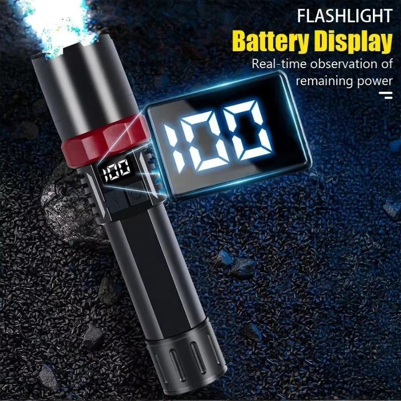 Ultra Bright LED Zoomable Flashlight  Multifunction USB Charge Torch with Power Display for Outdoor Camping Hiking Fishing