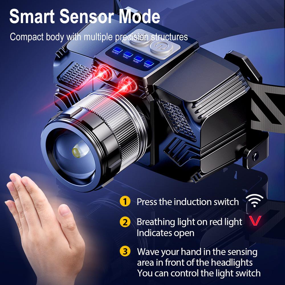 Super Bright Zoomable LED Headlamp with Motion Sensor Waterproof Rechargeable Headlight with Power Indicator for Camping Fishing