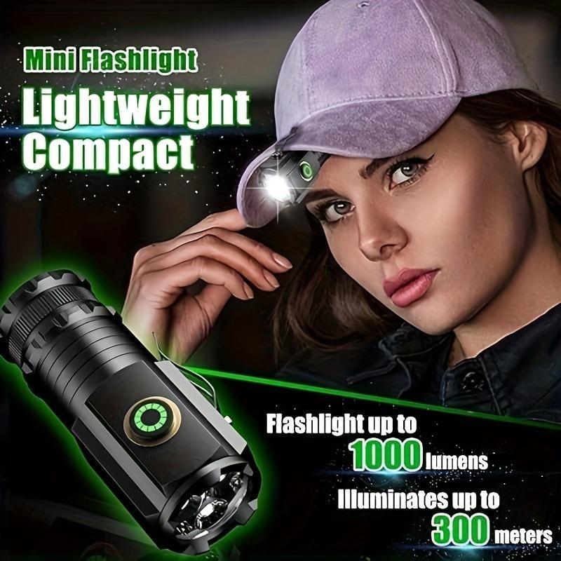 Super Bright LED Flashlight with Cap Clip 4 Modes Lighting USB Recharge Edc Torch with COB Side Light for Outdoor Camping Hiking Fishing Cycling Car Repair