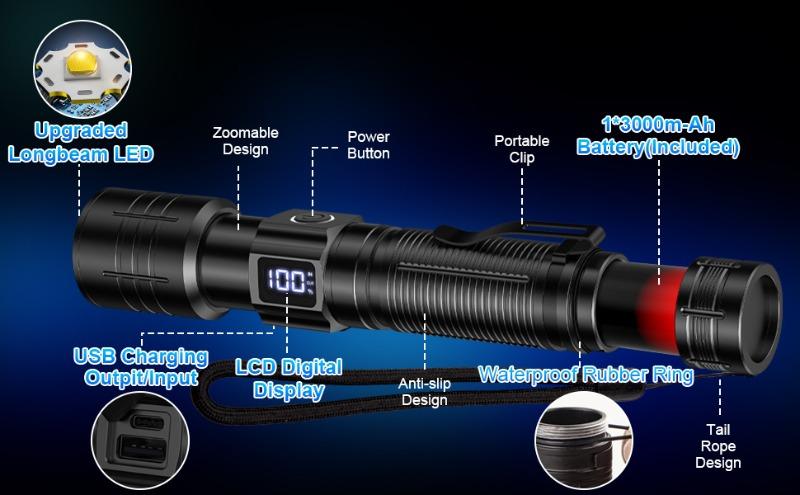 Super Bright LED Zoomable Flashlight 4 Lighting Modes Waterproof Torch with Power Display Portable Lighting for Camping Hiking Exploration