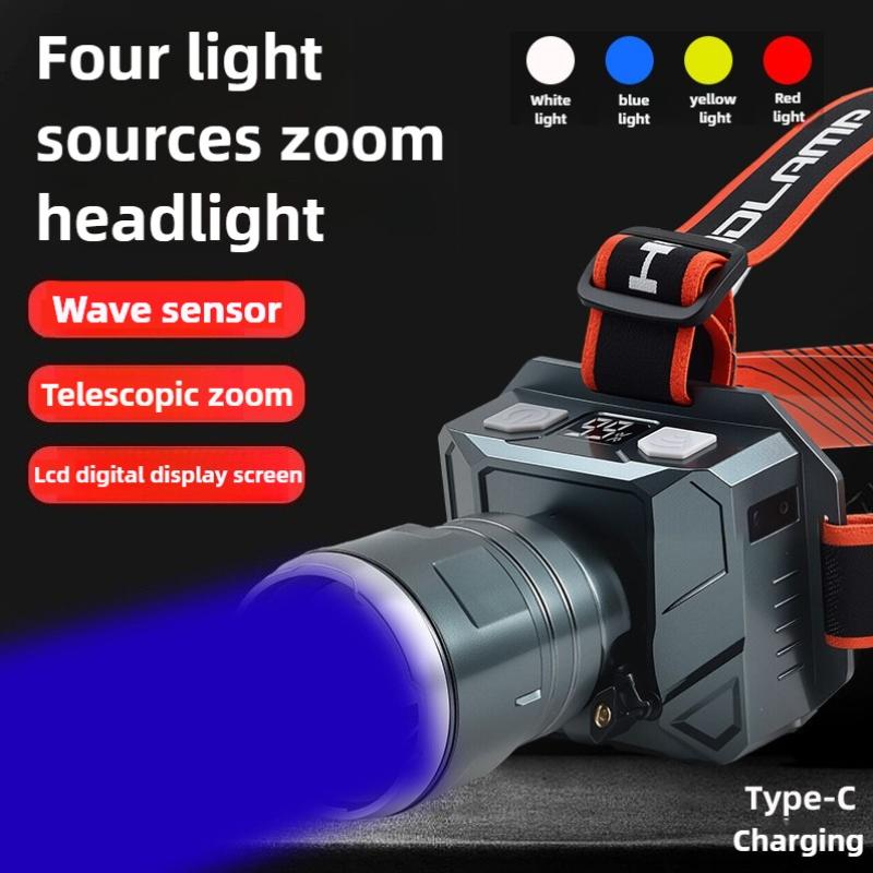 Super Bright LED Rechargeable Headlight 4 Light Sources Zoomable Induction Headlamp with Power Display for Fishing Camping Hiking Cycling