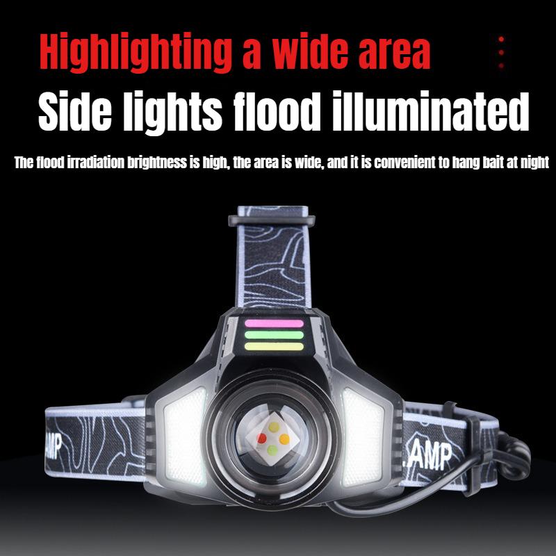 Ultra Bright LED Zoomable Headlight 4 Light Source Induction Headlamp with Red&white COB Side Light for Camping Fishing Hiking Cycling